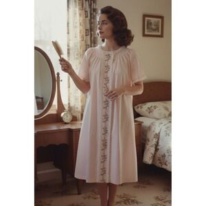 Vintage 70s Smart Time Pink Floral Embroidered Lace Nightgown Snap Front Size 10